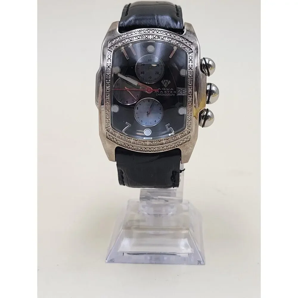 Aqua Master Men's Chronograph Diamond Watch Tonneau Case MOP Sub-Dials, Black